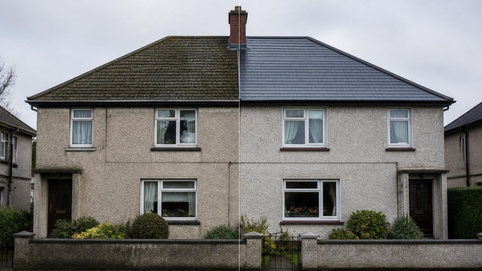 Side-by-side before and after view of the same Irish home's roof replacement