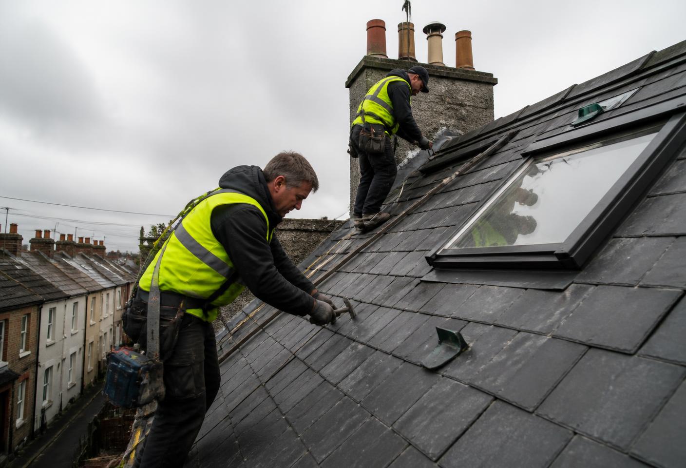 Roofers repairing natural slate on an Irish terraced home