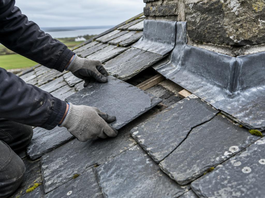 Roofer replacing a damaged slate beside chimney flashing