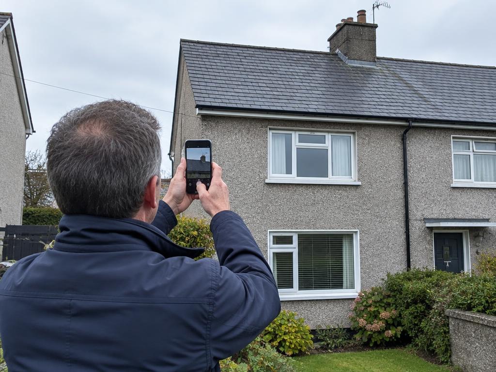 Homeowner photographing a clean roofline and gutters