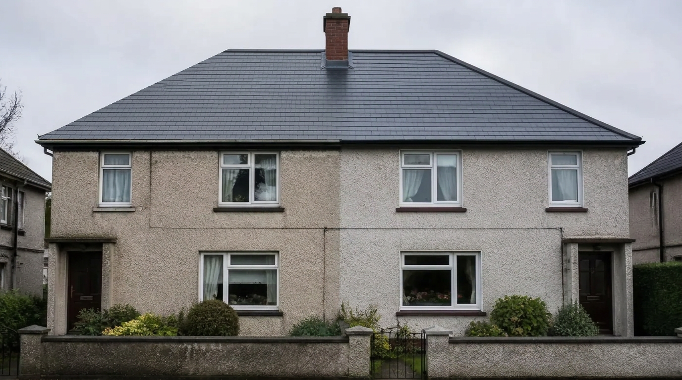 Clean roof and gutters on a pair of semi-detached houses
