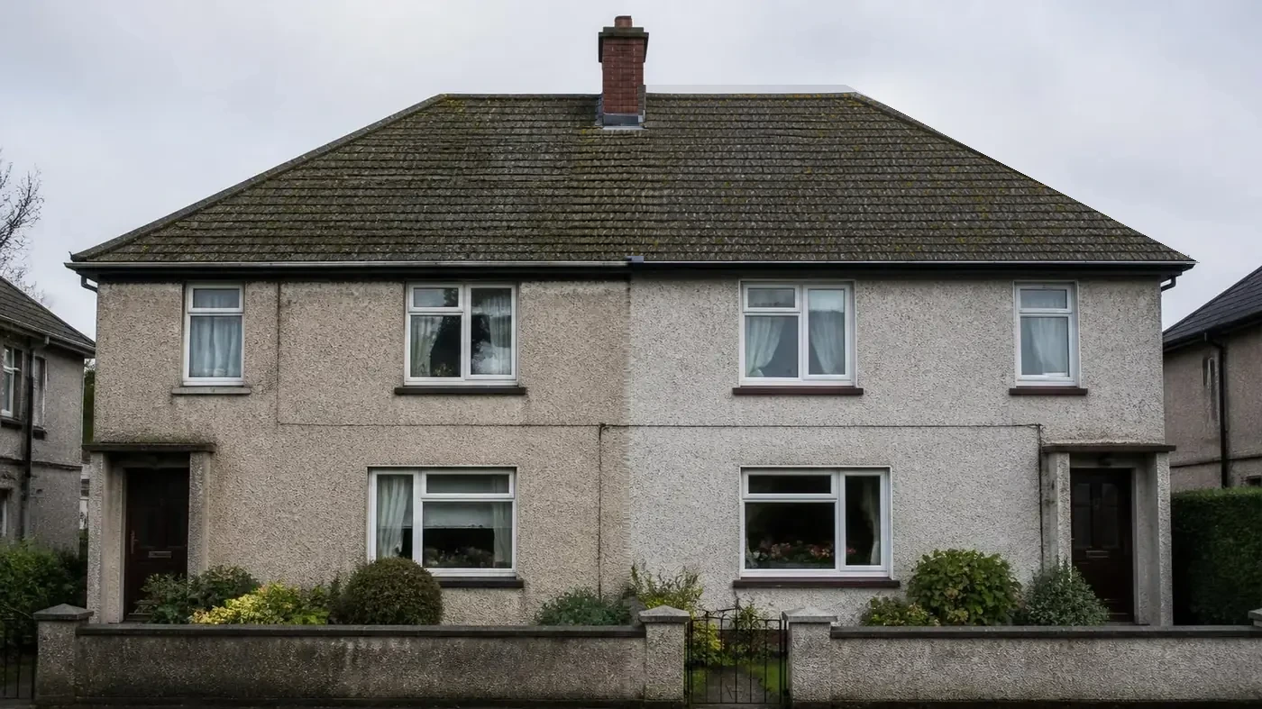 Weathered natural slate roof on the same terrace home before replacement