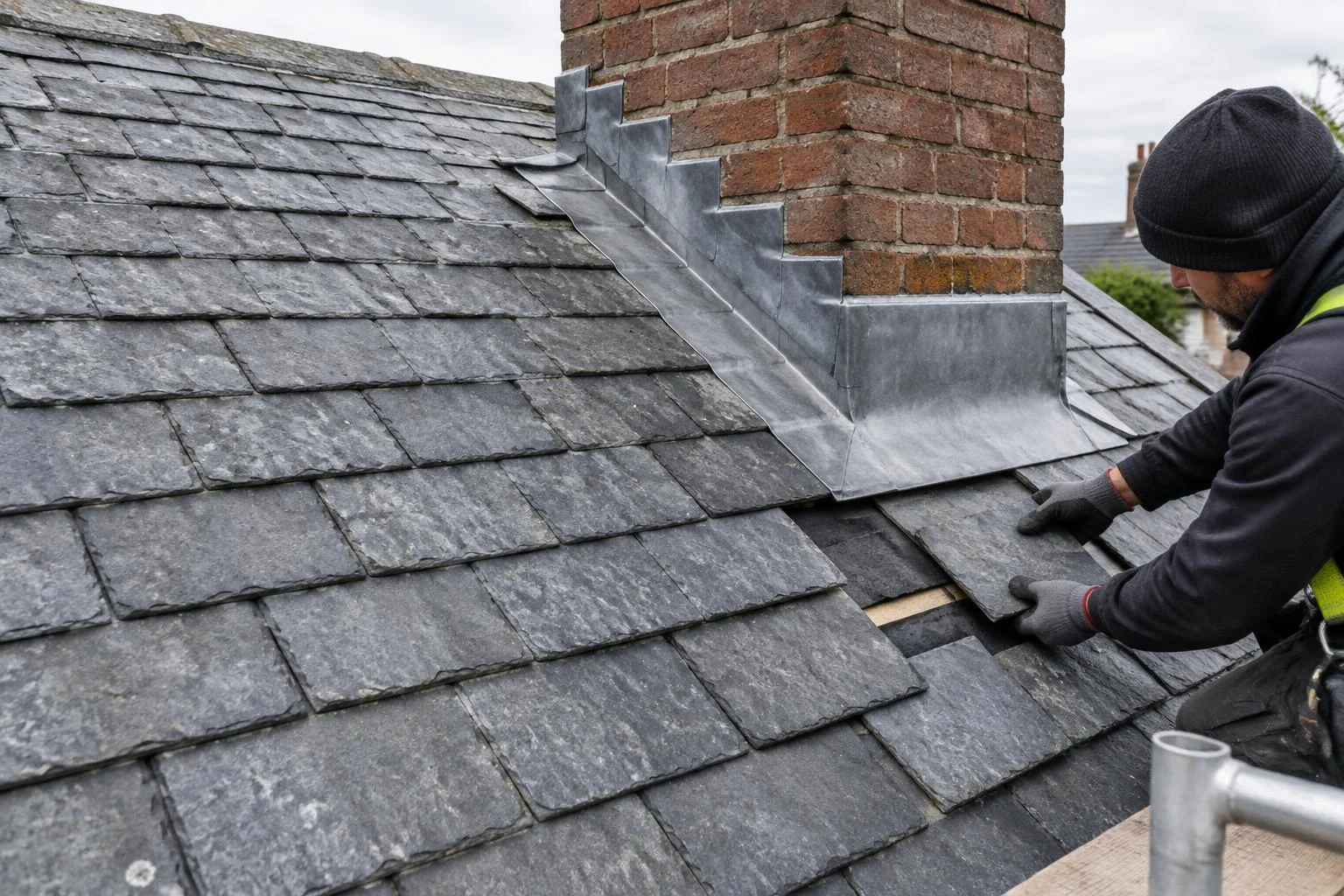 Replacing a damaged slate beside chimney lead flashing to repair a roof leak